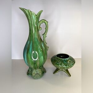 1970 Studio Pottery Green Drip Glaze Vase & Tripod Planter Set mid century